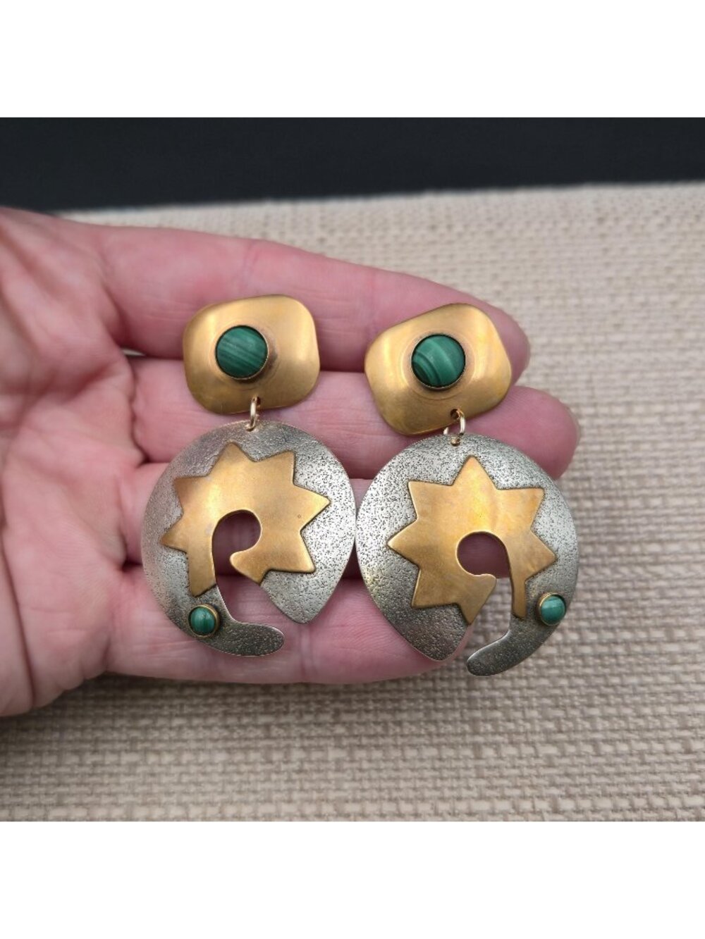 Sterling Silver & Brass Malachite Stone Sunburst Earrings A7359 - Picture 3 of 6